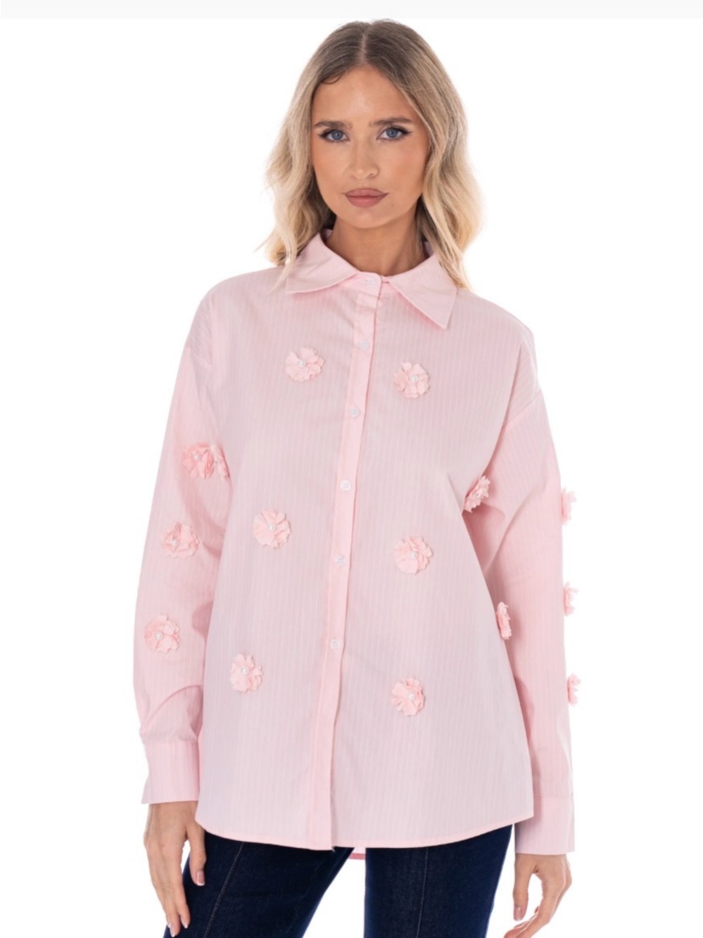 Elegant Pink Floral Appliqué Button-Up Shirt | Pearl Detail | SM113